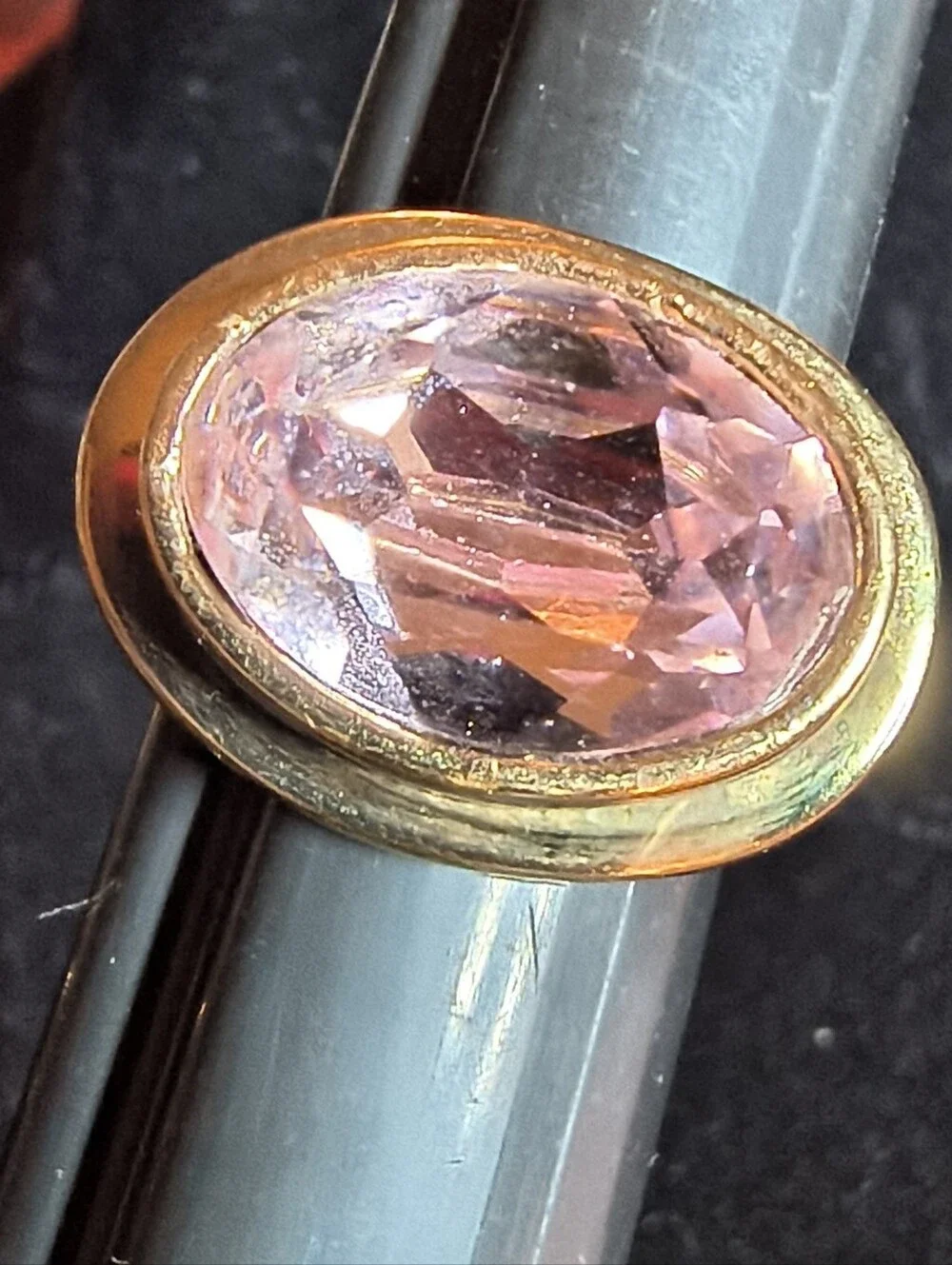 Vintage 1993 Pink AAA+ CZ Gold Plated East West Statement Ring Size 7.5